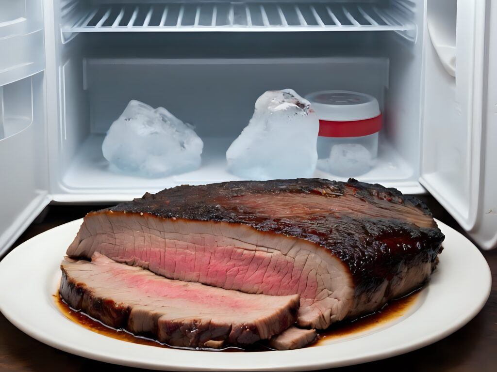 beef brisket stored in a fridge